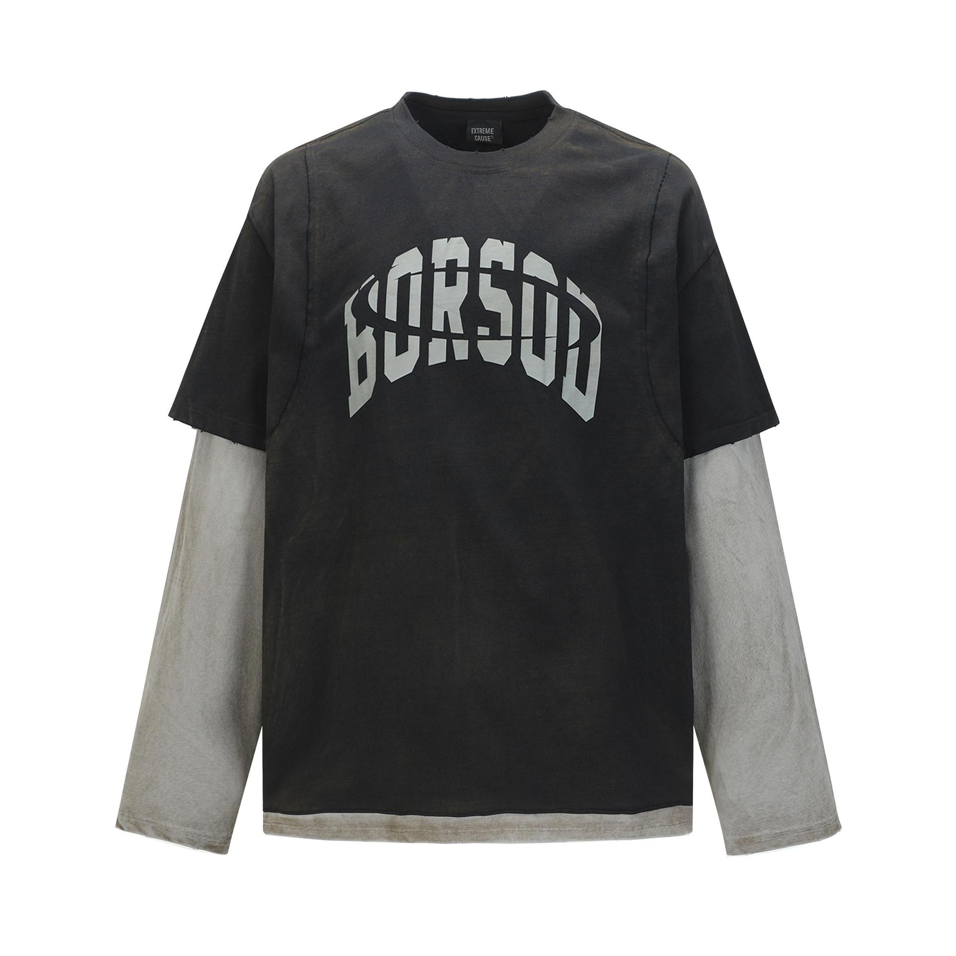Cotton Vintage Letter Print Contrast Mock Layered Hoodie