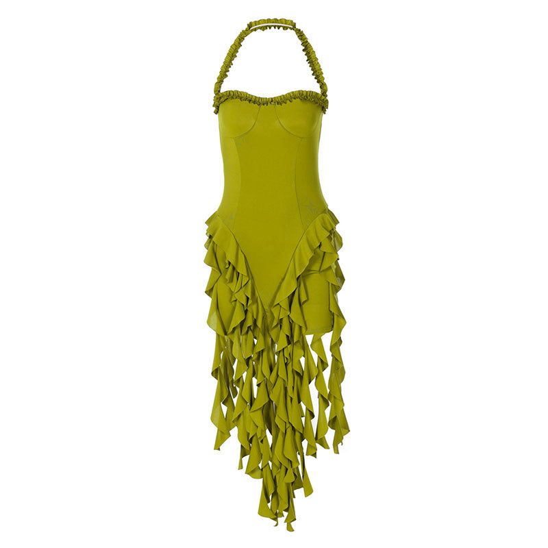 Tie-Neck Fringe Fitted Evening Dress