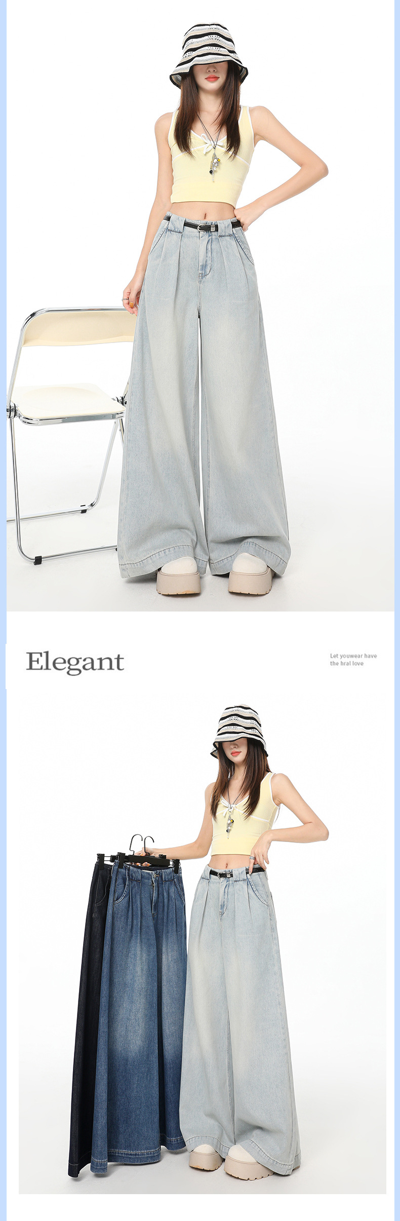 Retro Blue Pleated Tencel Wide-Leg Jeans Women High-Waist Loose Slim Straight Pants