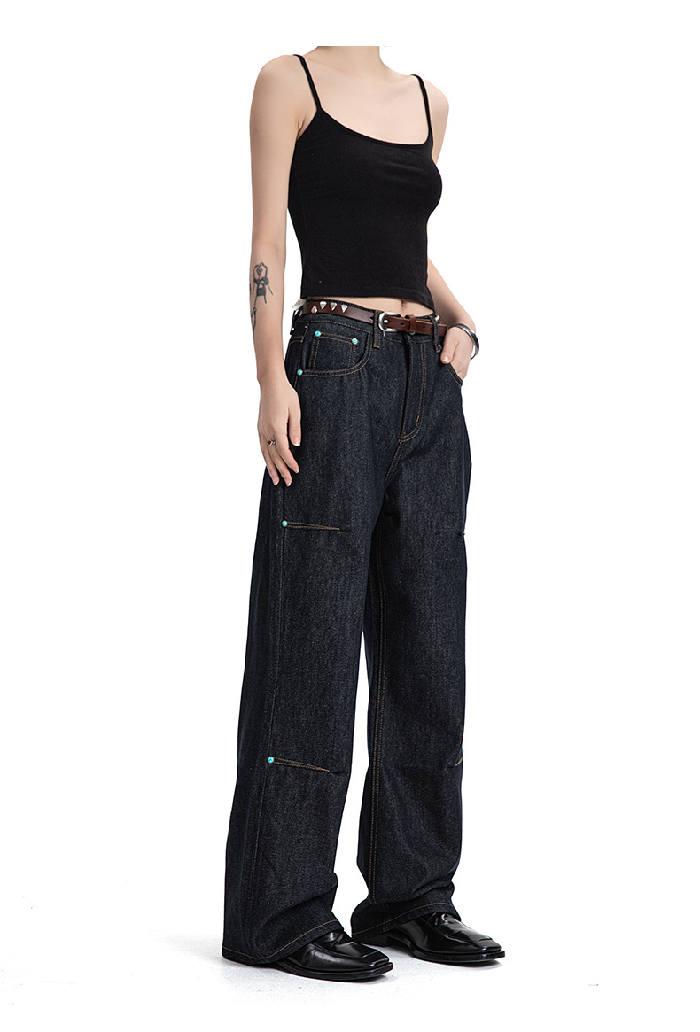Denim Pants Deep Blue Straight Flared Wide Leg A-Line Trousers