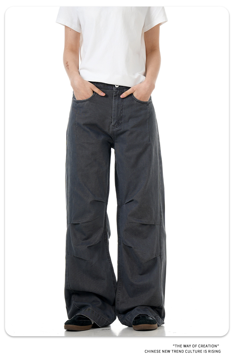 Simple Work Pants for Men and Women Faded Pleated Loose Wide-Leg Trendy Casual Trousers