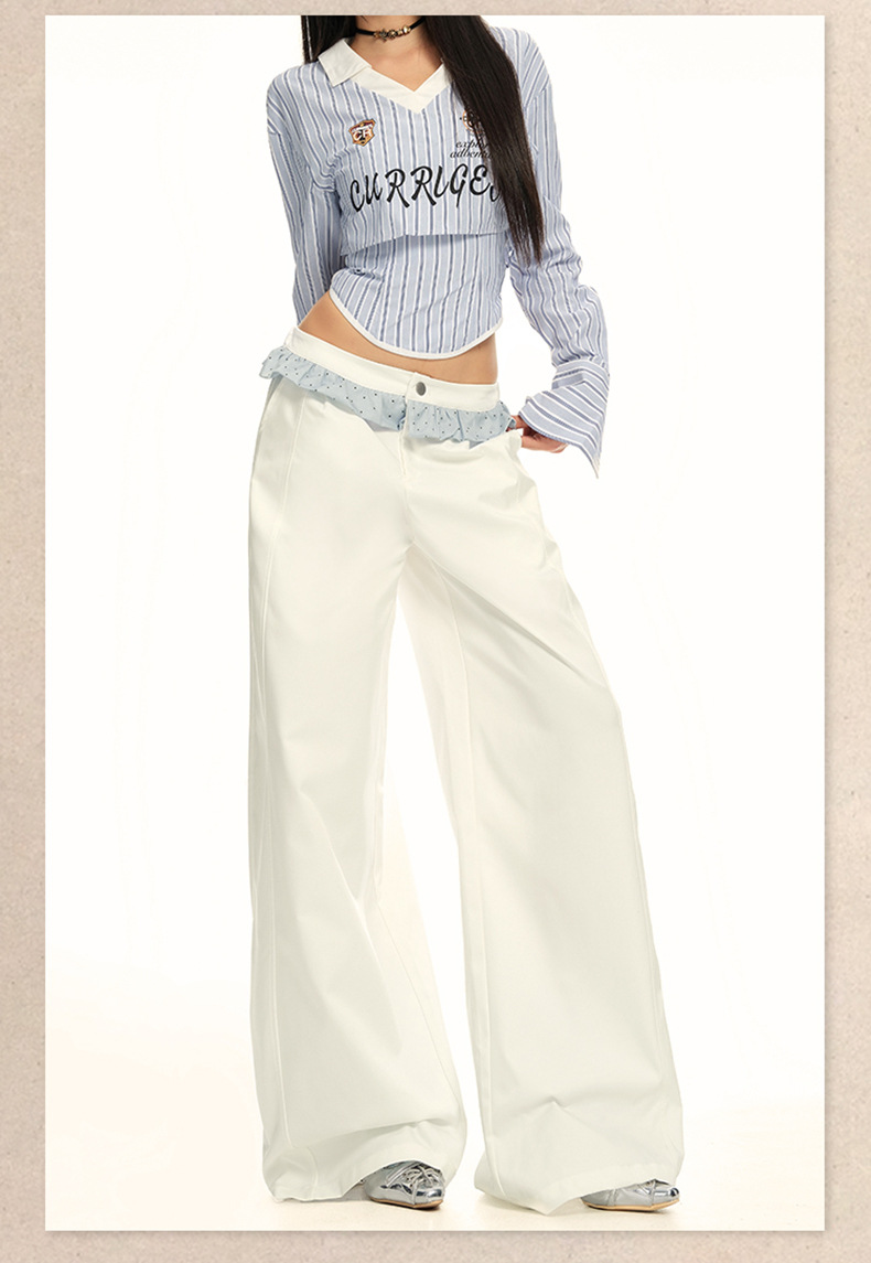 Women's Wide-Leg Casual Pants with White Lace Splicing