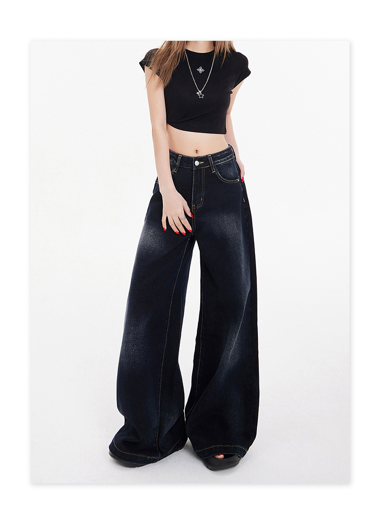 Women's Grey Floor-Length Loose Wide-Leg Pants Vintage Straight Leg Jeans
