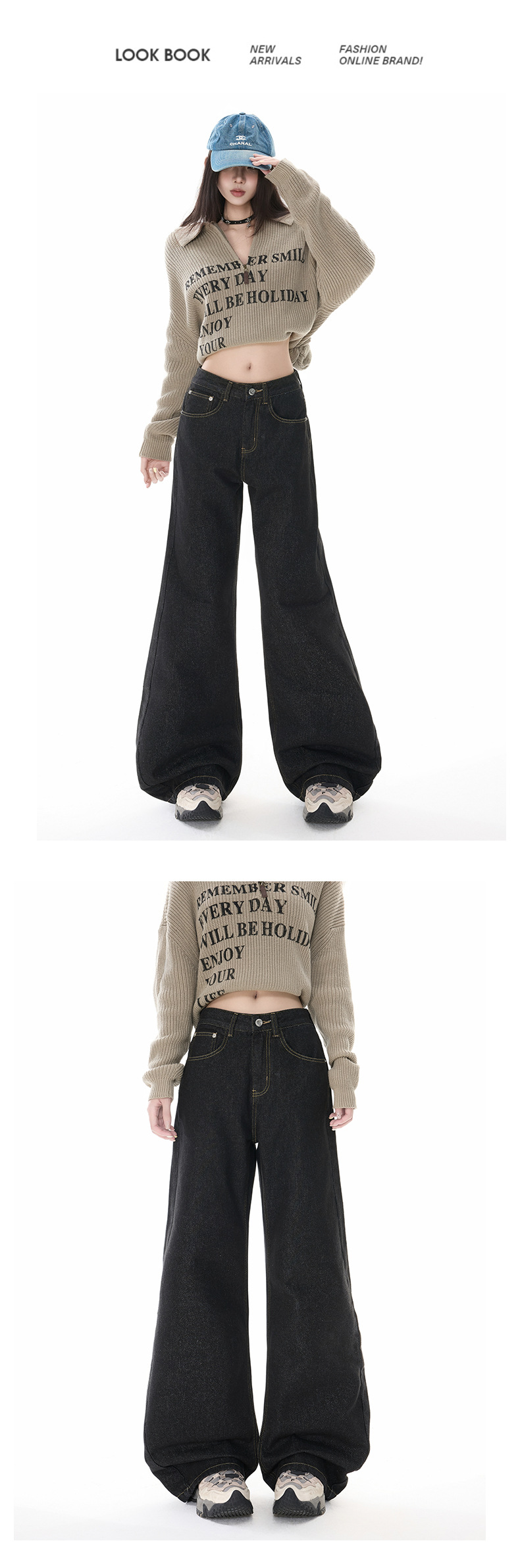 Black Denim Flared Pants for Women Loose Fit Wide Leg Tapered Bottoms Summer