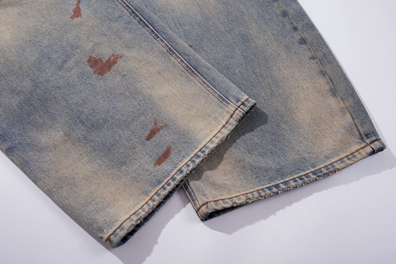 Streetwear Hip-hop Fashion Design Spray Painted Knife Pants for Men Loose Versatile Washed Distressed Denim Jeans