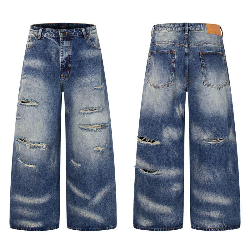 Vintage Personality Design Ripped Streetwear Loose Fit Jeans Men Hip Hop Distressed Wide Leg Long Pants