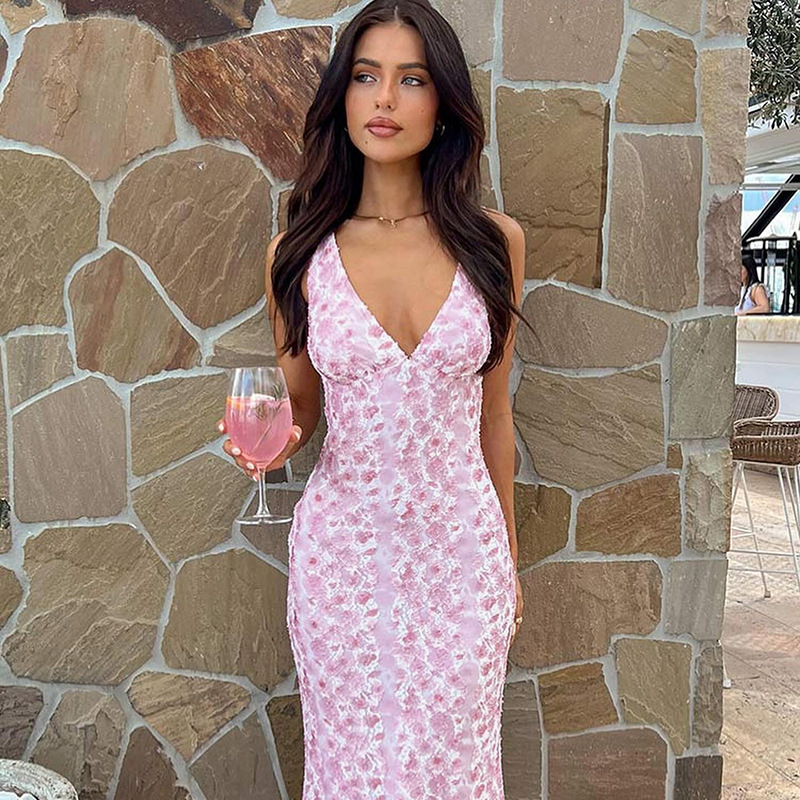Sleeveless Floral Textured Pointed Neckline Dress