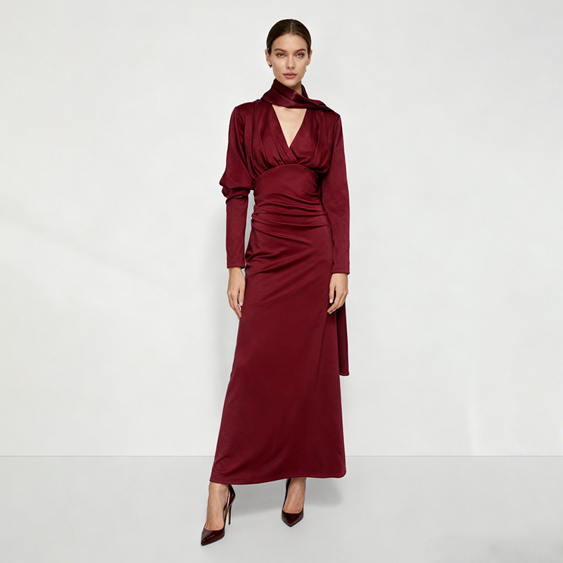 Tailored Polyester Maxi Dress with Ruched Bodice