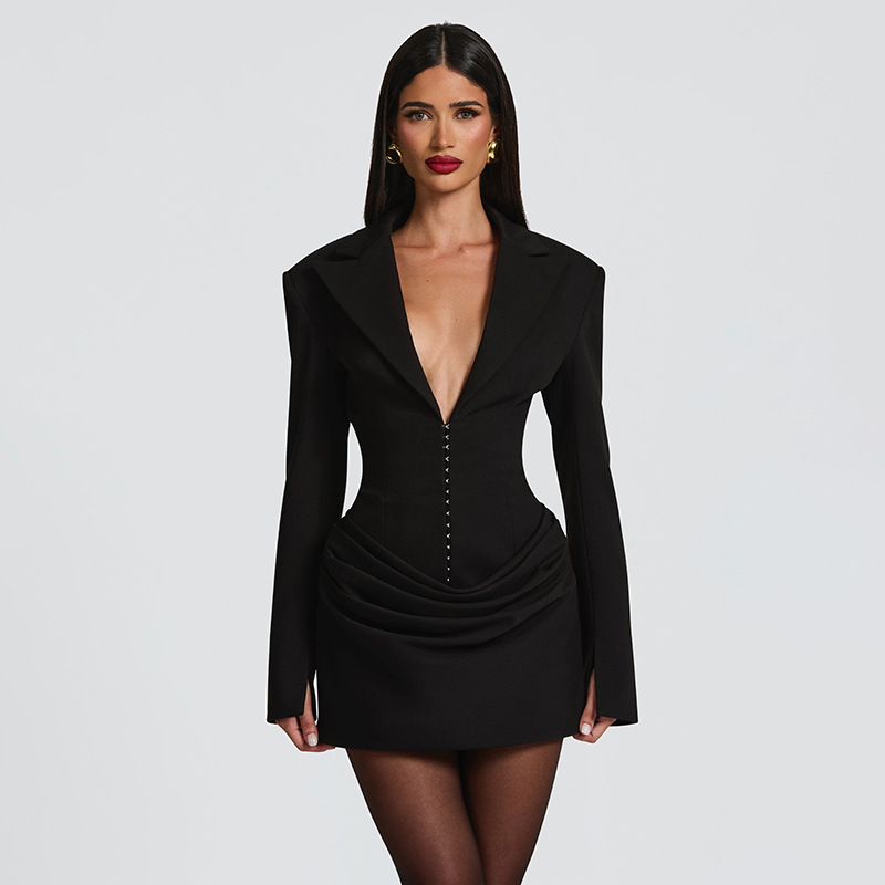 Long Sleeve Plunging Neckline High Rise Mini Dress