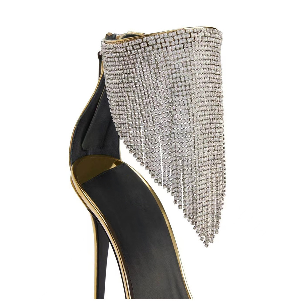 Pointed High Heeled Shoes For Women, Slim Heeled Fish Mouth Shoes, Tassel Hollowed Out Rhinestone Banquet Sandals For Women