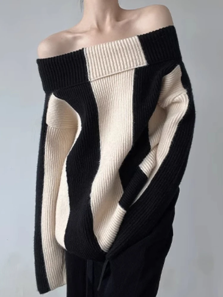 Ladies Oversized Two-Tone Asymmetric Acrylic Sweater