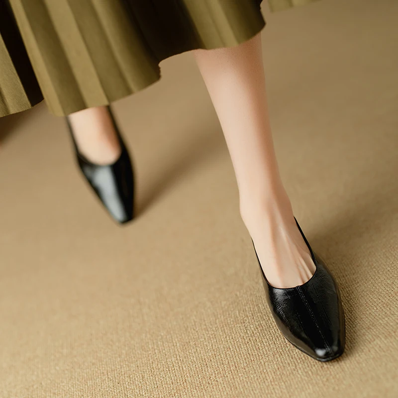 Fashion Genuine Leather mid heels woman elegant Loafer office lady square toe party pumps