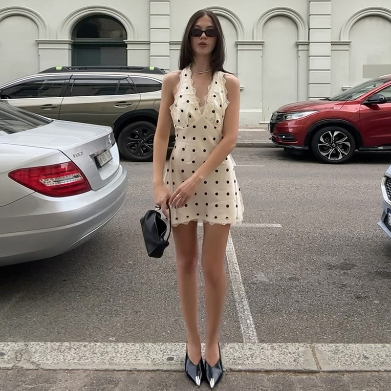 Sexy neck hanging lace edge polka dot high waisted dress