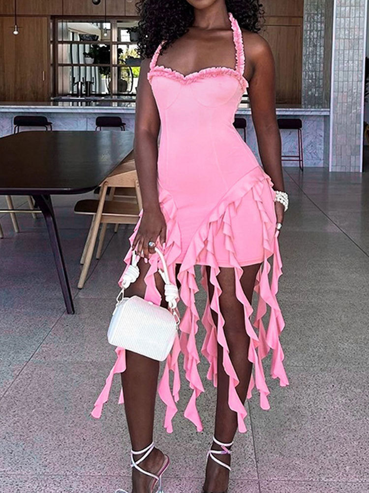 Tie-Neck Fringe Fitted Evening Dress