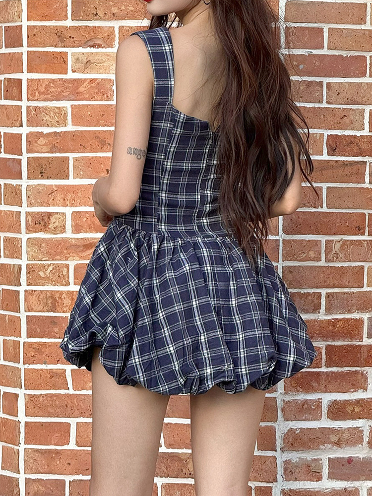 Sleeveless Polyester Checkered Fitted A-Line Dress