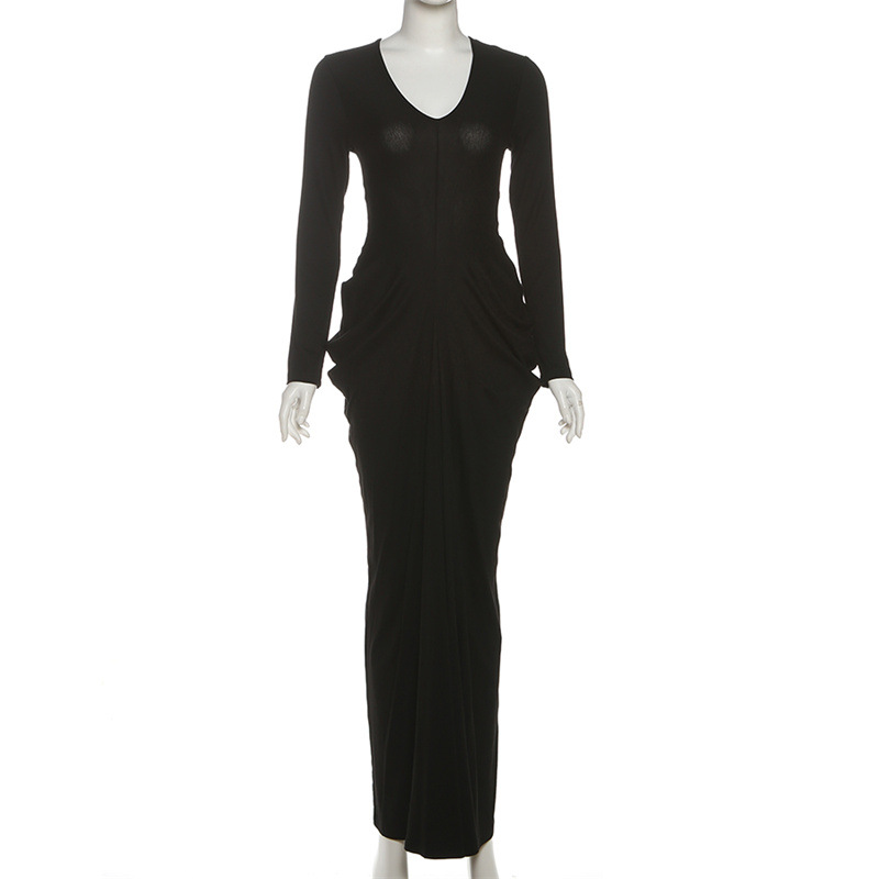 Crinkled Plunging Fitted Plain Full-Sleeve Maxi Dress