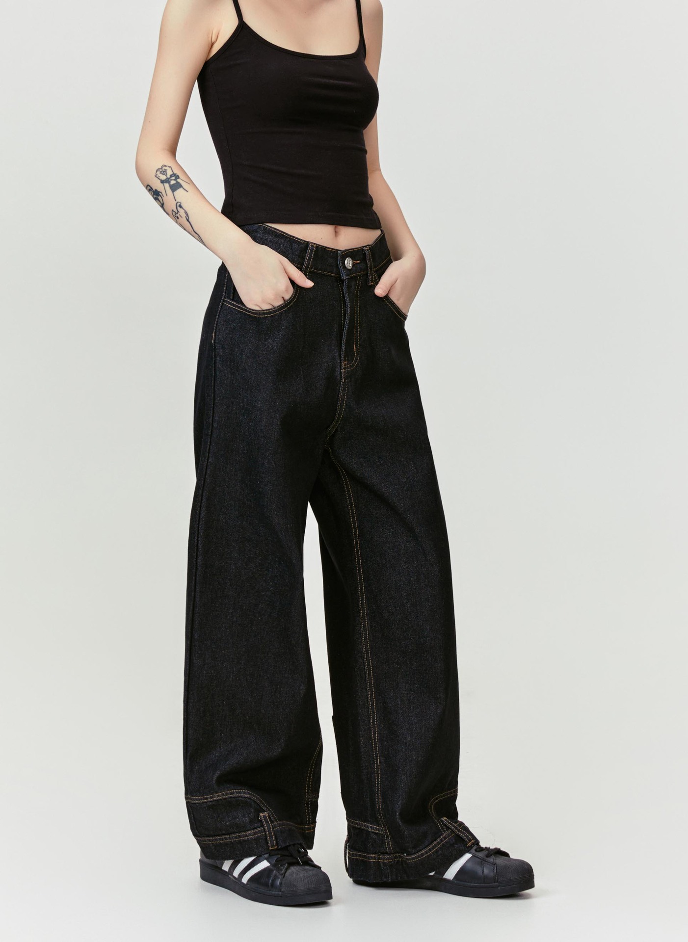 Inverted Reverse Design Washed Distressed Loose Straight Wide Leg Jeans Trendy
