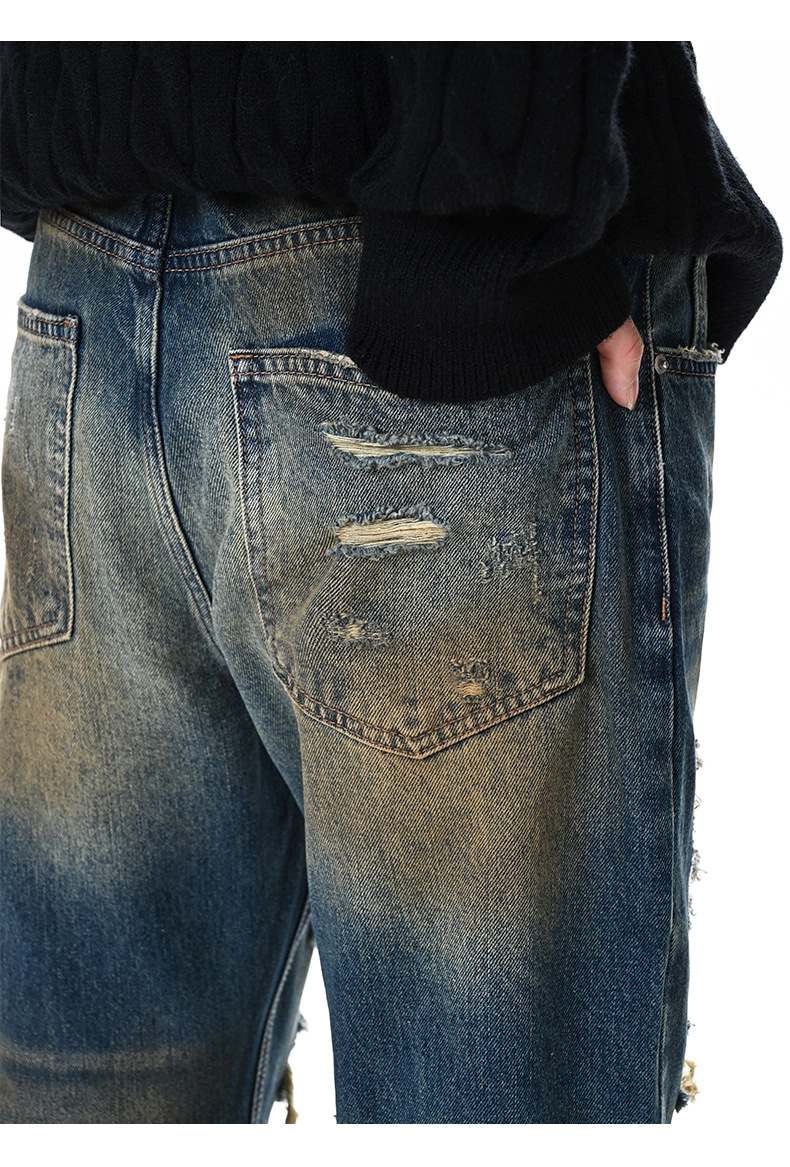 Washed Distressed Cat Whiskers Spray Monkey Dark Blue Denim Pants Unisex