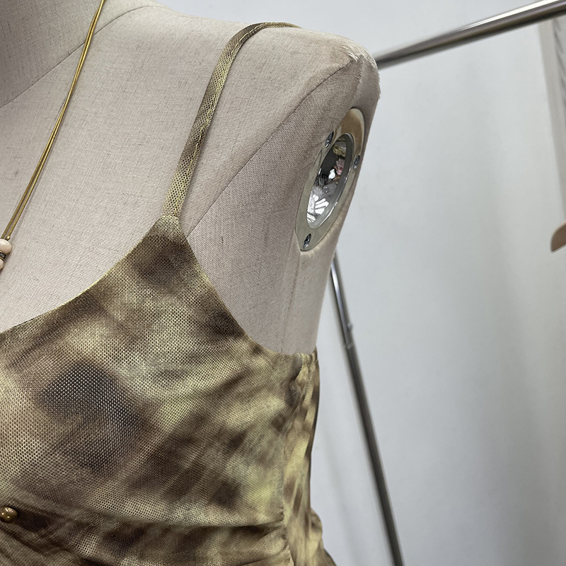 Irregular Rivet Mesh Camisole Dress with Ruffle Strap Sleeveless Top