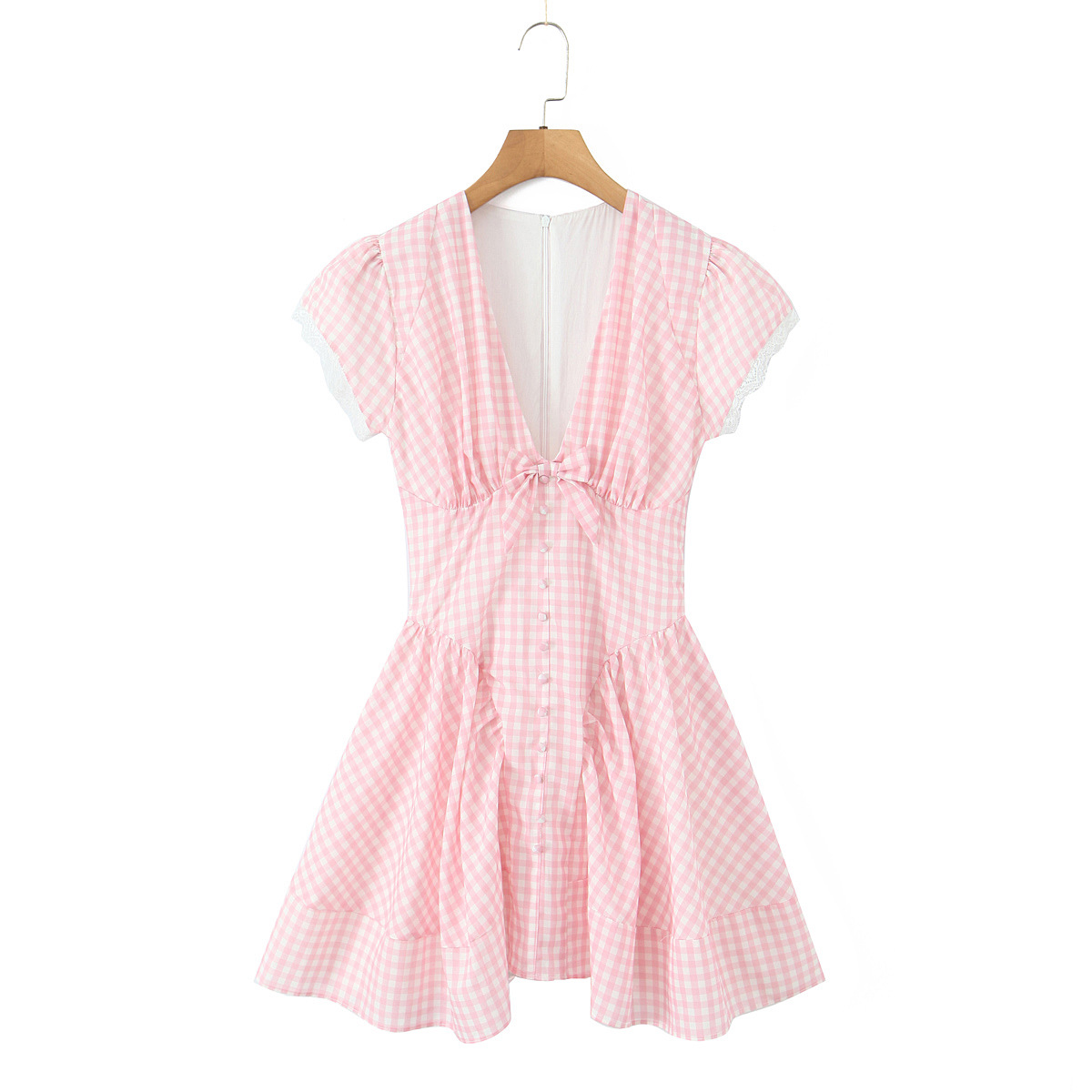V-Cut Short-Sleeve Two-Tone Knot Detail Nipped-In Above-Knee Dress