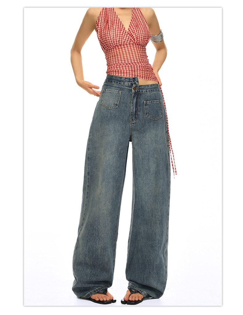 Blue High-Waisted Straight Leg Jeans for Women Loose Wide-Leg Pants Summer