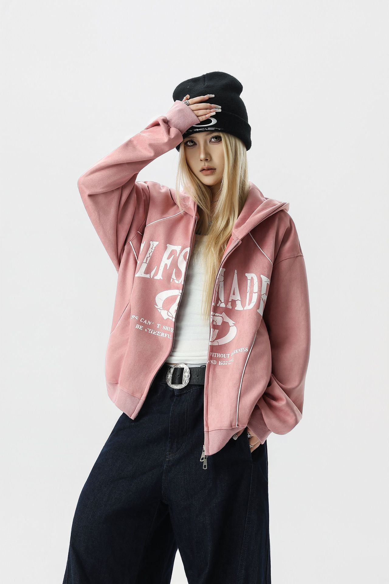 Loose Streetwear Patterned Hood Zipper Sweatshirt