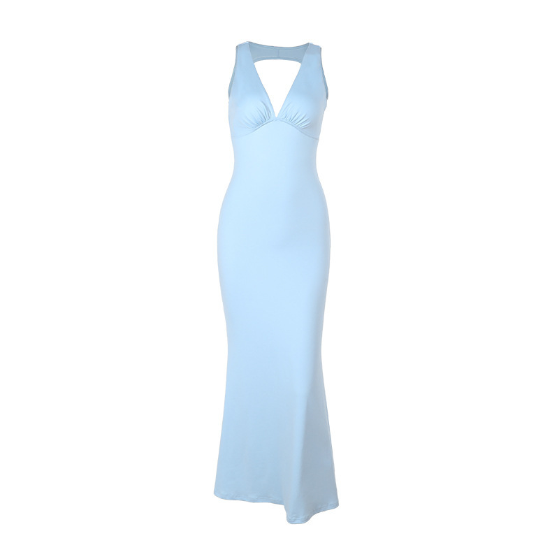 Solid Sleeveless Open Back Deep Neckline Dress