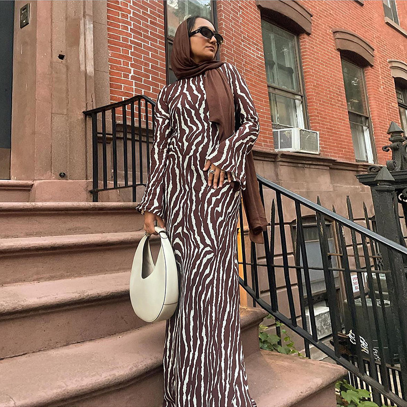 Maxi Skirt Full Sleeves Patterned Crew Collar Fitted