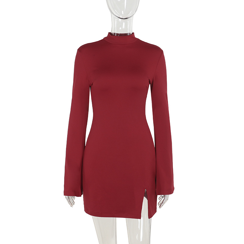 Mock Collar Solid Split Hem Bodycon Dress