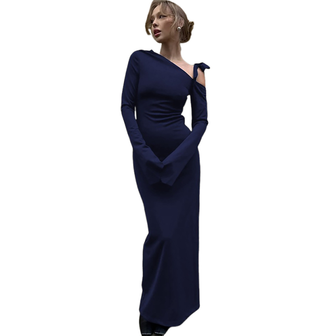 Asymmetric Drape Bodycon Side Split Extended Sleeve Dress