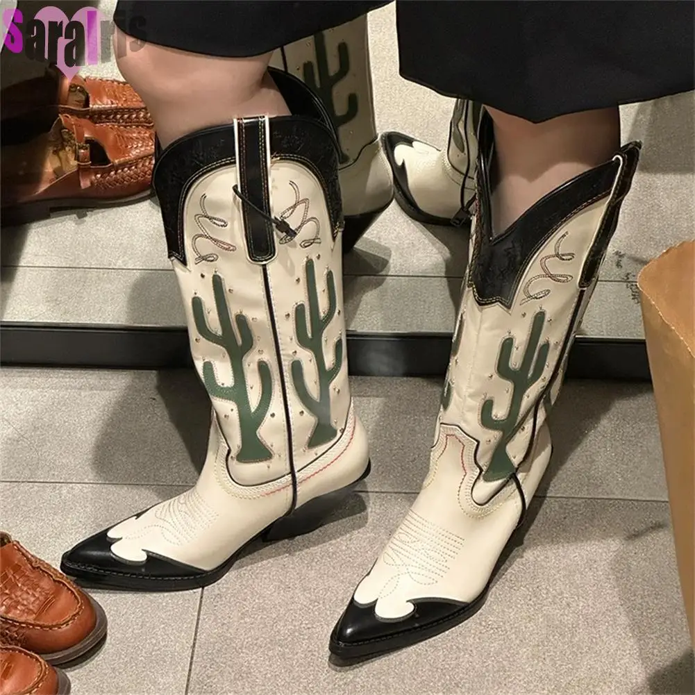 Western Cowboy Mid Calf Women Boots Chunky High Heels Cactus Vintage Cowgirl Long Boots Retro Shoes Woman