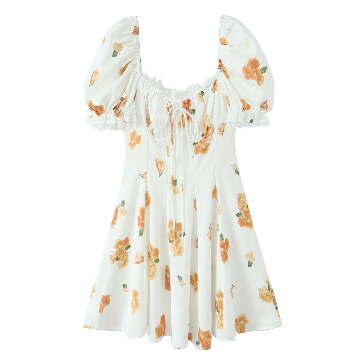 Print Waist-Cinching Lace Splicing Bubble Sleeve Dress Short Skirt