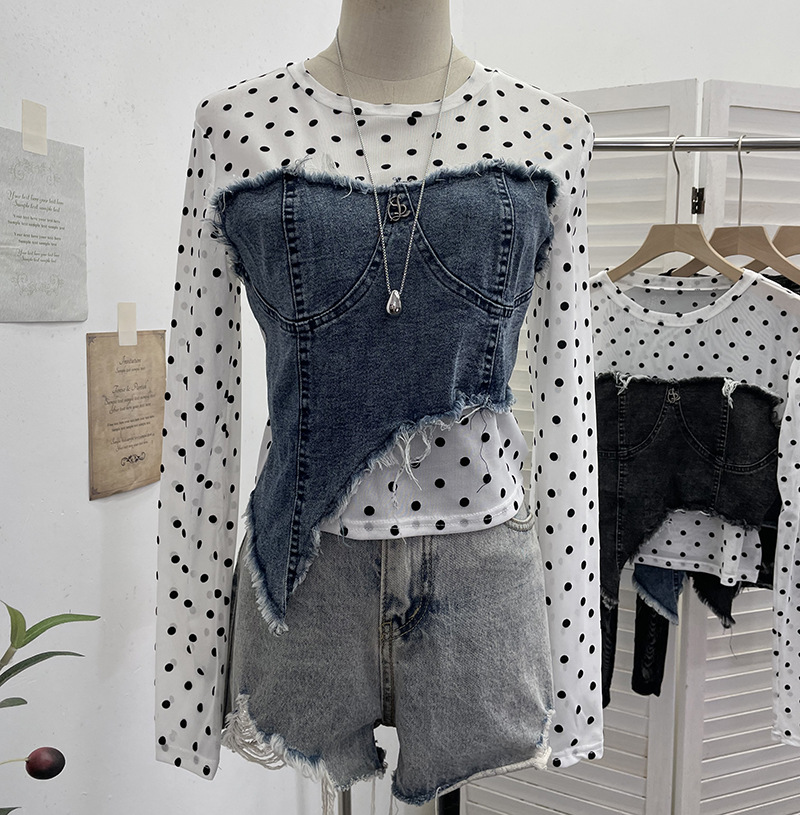 Asymmetric Distressed Jean Tailored Cropped Wrist-Length Tee