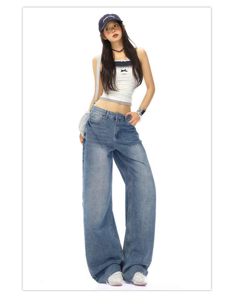 Women's Straight Jeans Washed Vintage Narrow Loose Wide-Leg Pants