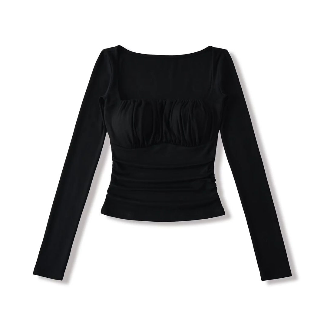 Spicy Wrist-Length Collarbone Cutout Structured Frill Fitted Tee