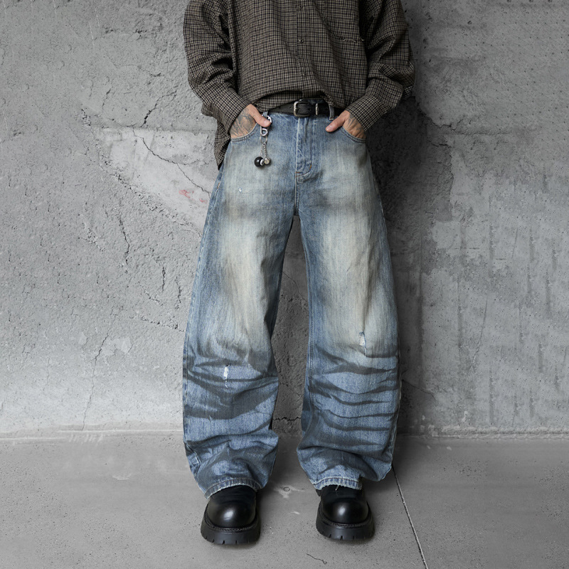 Street Style Vintage Distressed Washed Knife-Edge Denim Pants, Hip-Hop Casual Loose Ripped Straight Leg Jeans
