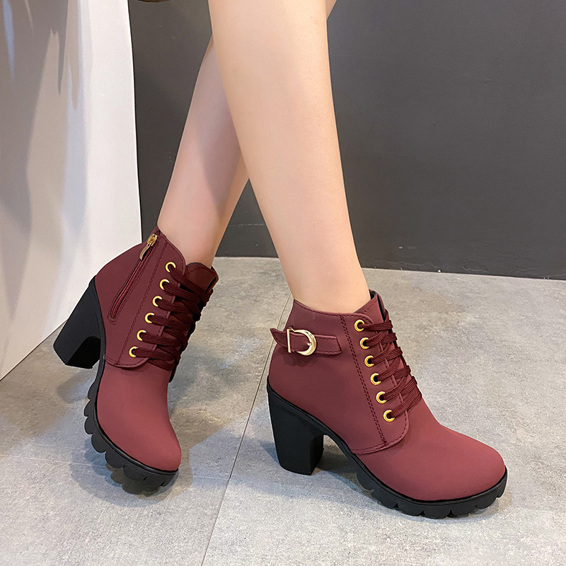 High heels belt buckles thick heels round toe Martin boots for women