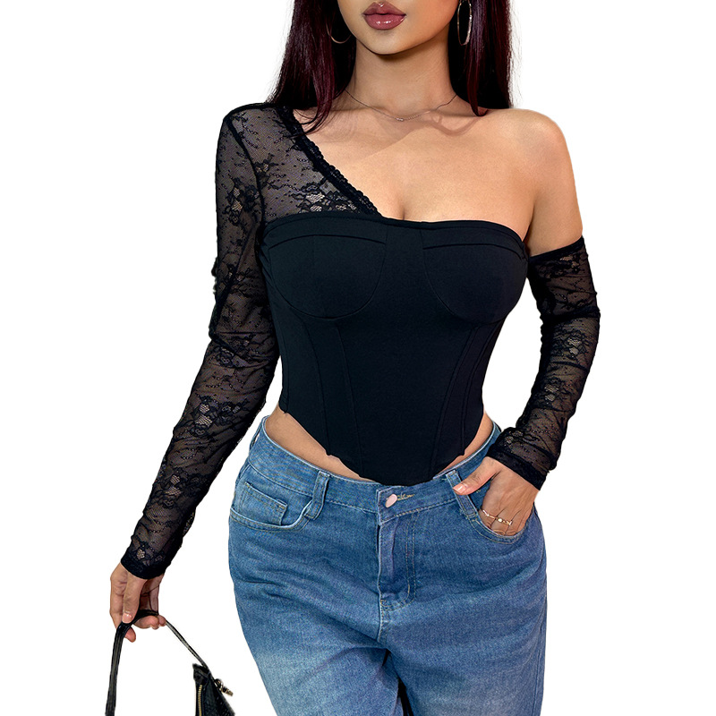 Slant Neck Long Sleeve Stretch Top