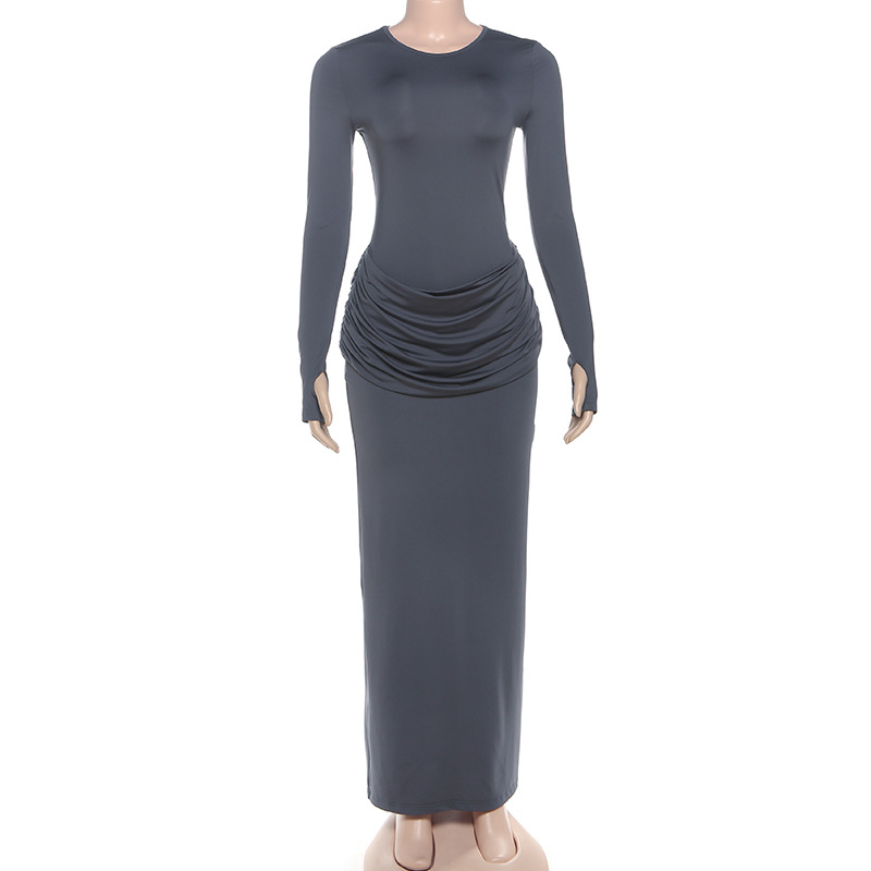 Stretch High-Waist Gathered Full Sleeve Dress