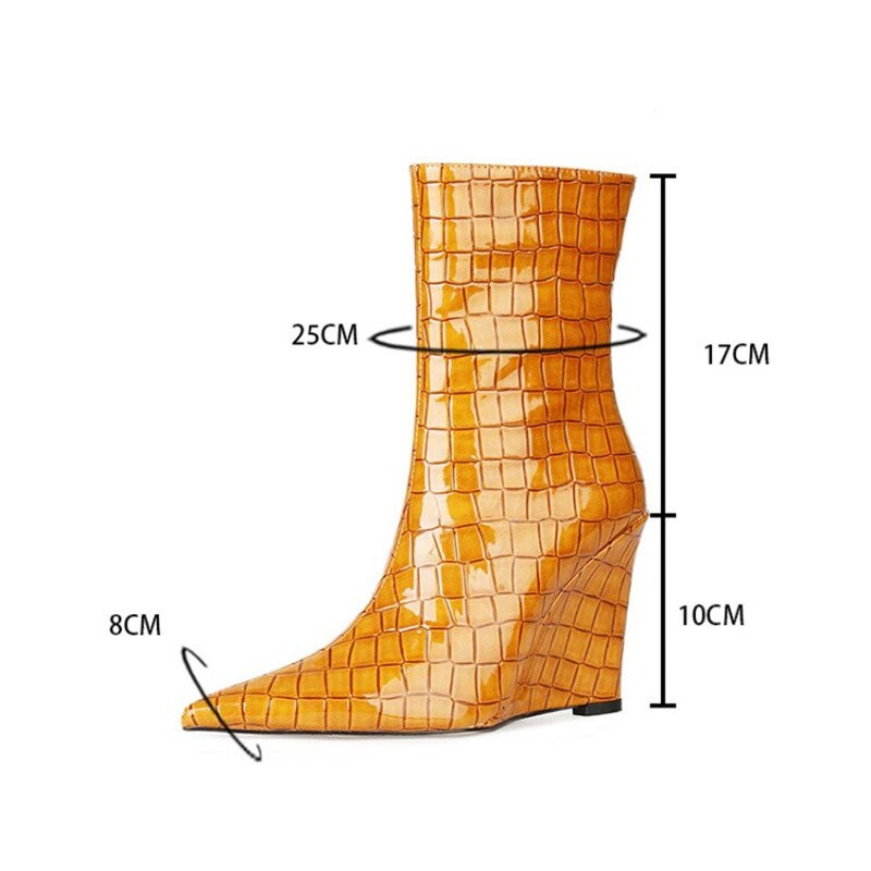 Crocodile Pattern Woman Vulcanize Shoes Pointed Toe Wedges Zip Lattice Ankle Boots High Heel Neon Orange Mid Calf Boots