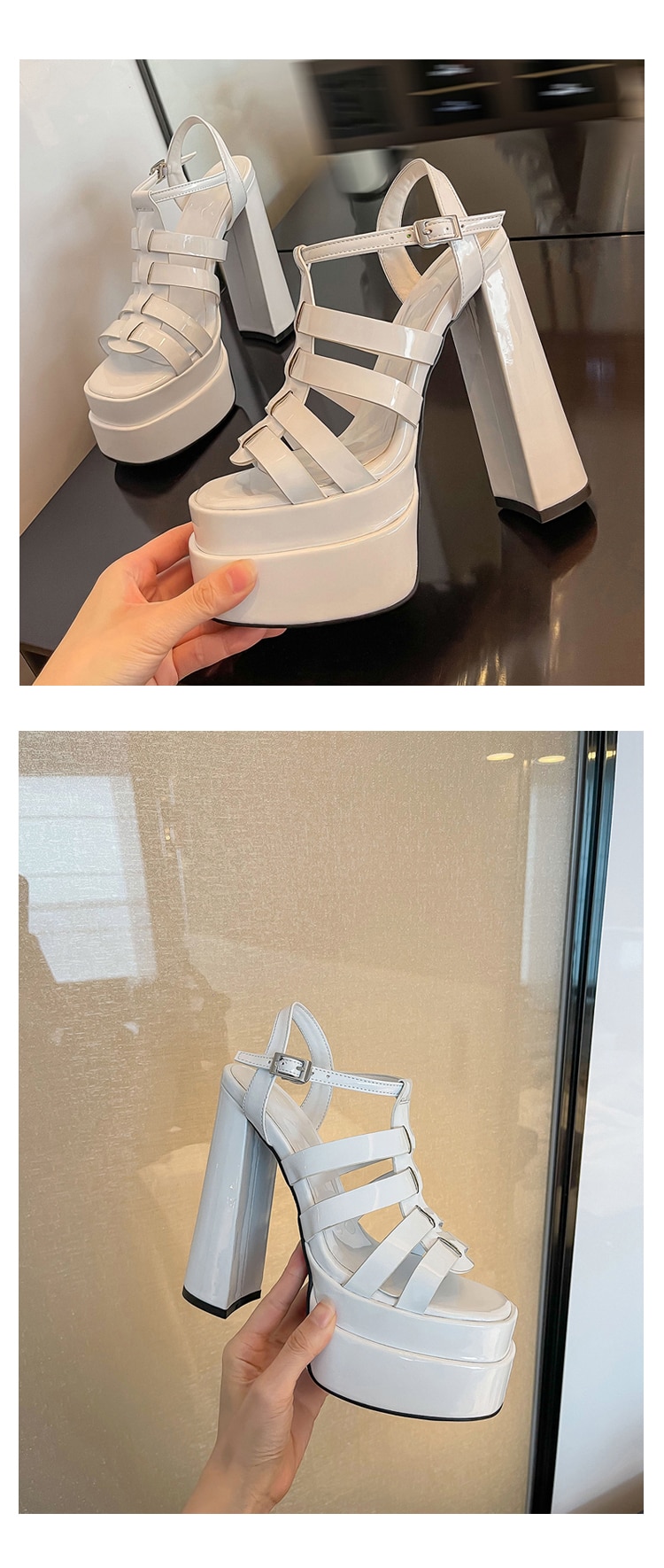 Summer New Style Square Head Open Toe Woven Raised Thick Heel Patent Leather Large Size Sandals For Women