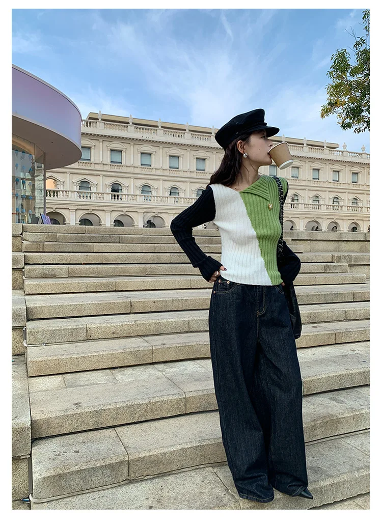 Ladies Viscose Fitted Crewneck Colorblock Cozy Sweater