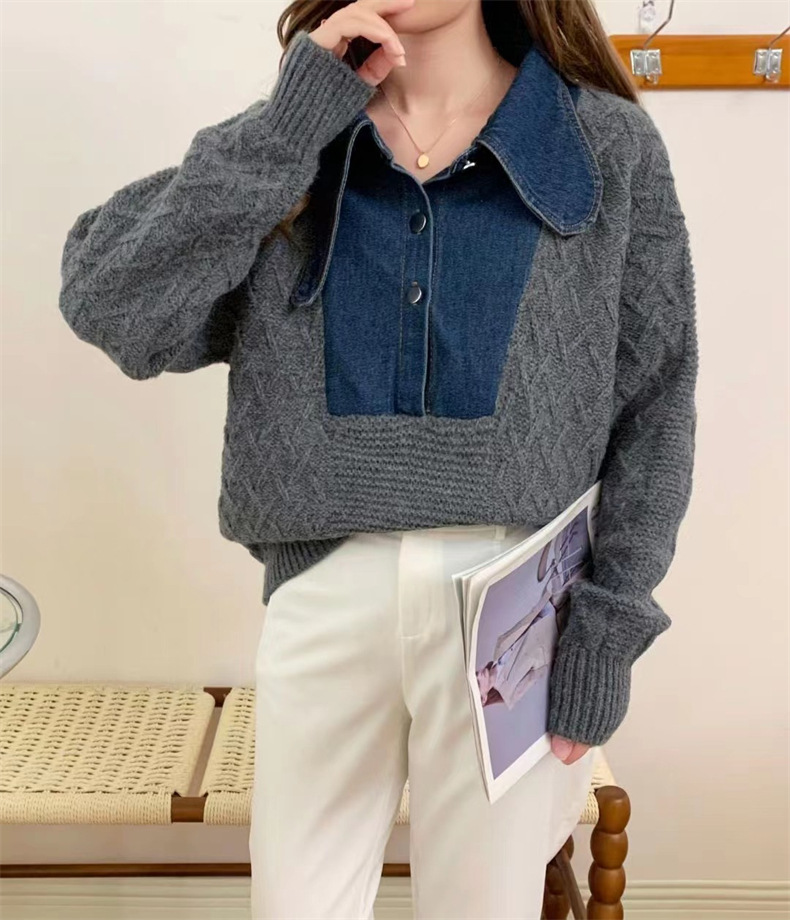 Ladies Charcoal Acrylic Knit Relaxed Notch Collar Pullover