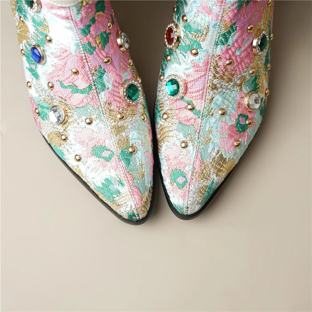 New Arrival Ethnographic Style Women Cow Leather Mid Calf Boots Pointed Toe Thick Heels Crystal