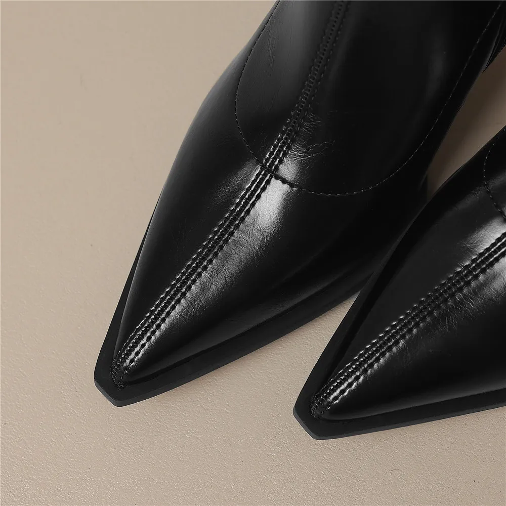 Pointed Toe Women Cow Leather Ankle Boots Thin Heels Zippers Solid Color Metal Rivet Dress Party Shoes