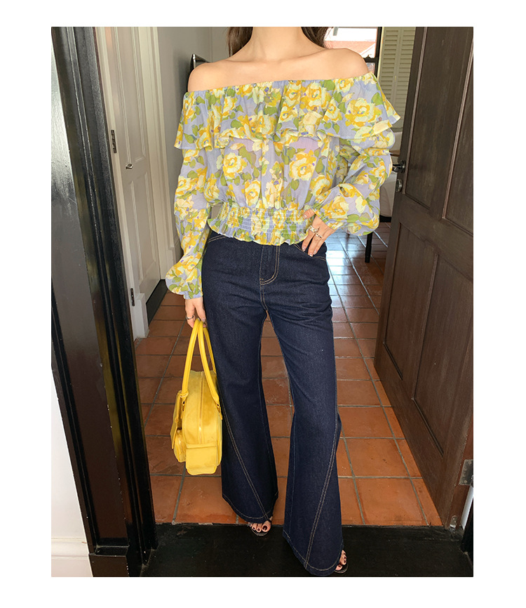 Long Sleeve Lotus Leaf Neck Fragmented Floral Blouse