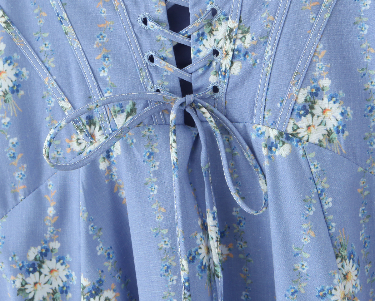Women's Clothing Vintage Blue Small Chrysanthemum Mid-length Dress