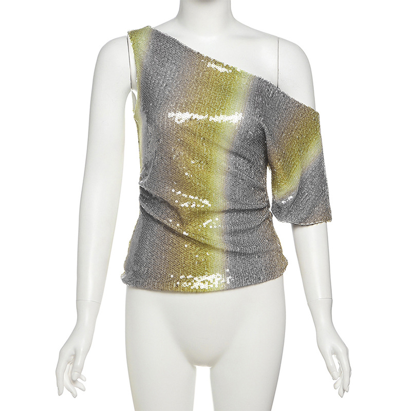 Women's solid color slim fit street diagonal collar short sleeved backless top for women