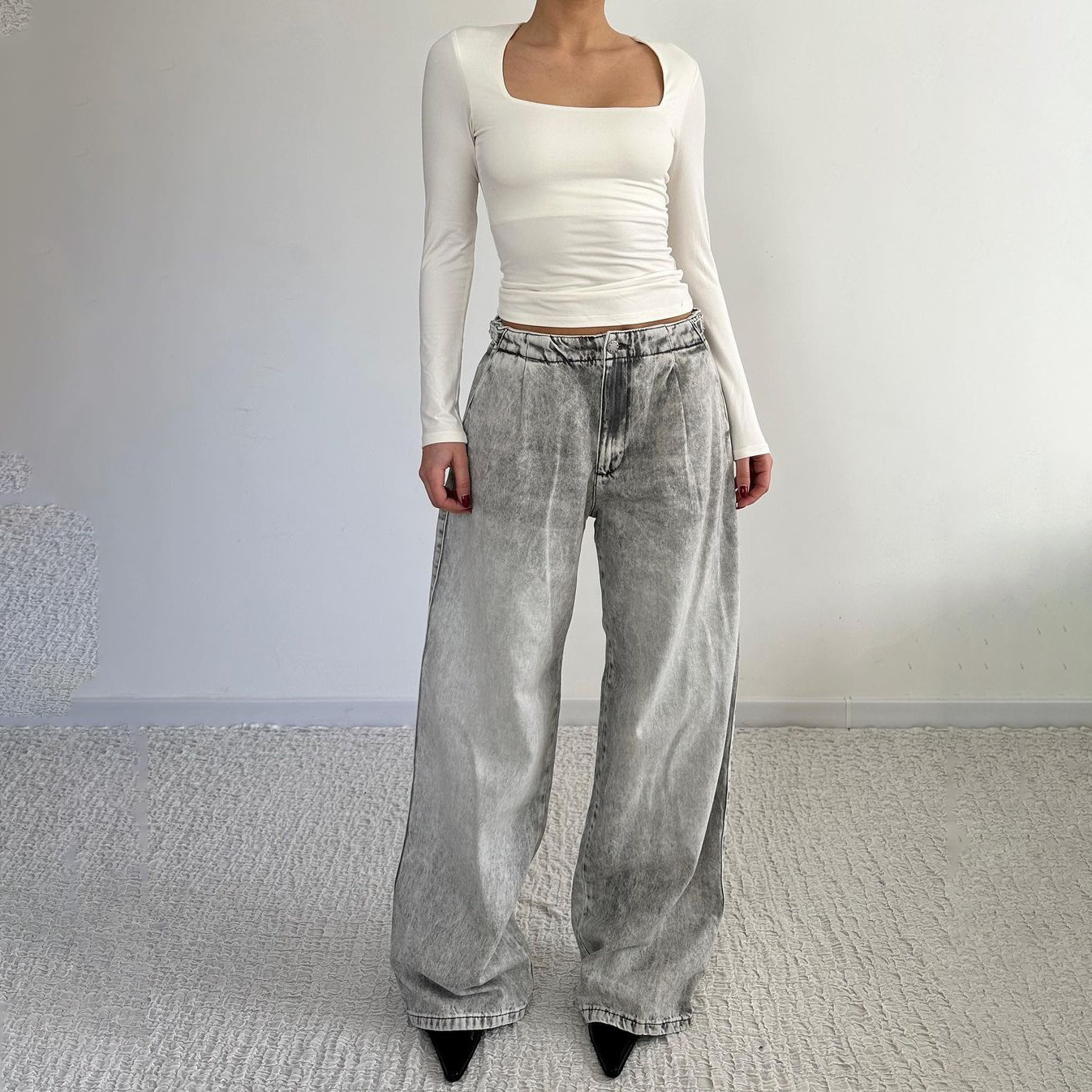 Low Waist Distressed Denim Trousers Street Retro Washed Wide Leg Jeans for Women