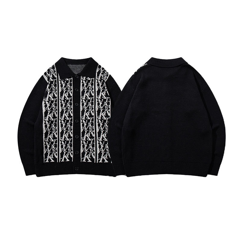 Letter Jacquard Knit Cardigan Sweater Autumn Winter New Arrival High-Quality Notched Collar Loose Casual Knitwear